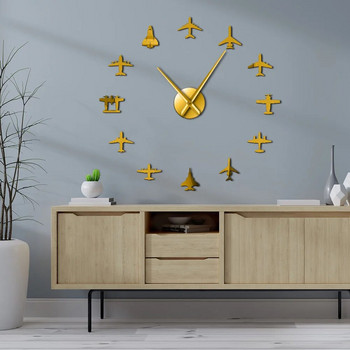 Летящ самолет Изтребител Голям стенен часовник Направи си сам 3D акрилен стикер с огледален ефект Самолет Безшумен часовник Авиатор Домашен декор