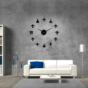 Flying Plane Fighter Jet Μεγάλο ρολόι τοίχου DIY 3D ακρυλικό εφέ καθρέφτη Αυτοκόλλητο αεροπλάνο Αθόρυβο ρολόι Aviator Διακόσμηση σπιτιού
