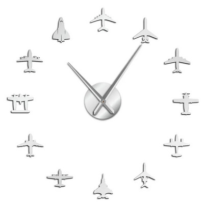 Lendav lennuk hävitaja suur seinakell DIY 3D akrüülist peegliefektiga kleebis Lennuki vaikne käekell Lennuki sisekujundus