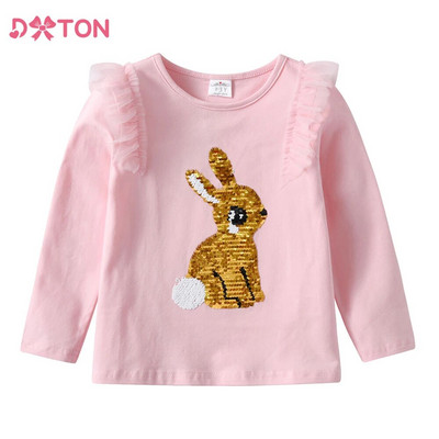 DXTON Есенна тениска за момичета с дълъг ръкав, памучни горнища за малки деца, детски тениски с пайети, заек, детски тениски с животни, ежедневни дрехи