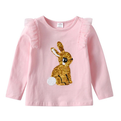 DXTON Tricou pentru fete de toamnă cu mânecă lungă din bumbac Topuri pentru copii mici, cu paiete, iepure, tricou pentru copii, tricou pentru copii, îmbrăcăminte ocazională