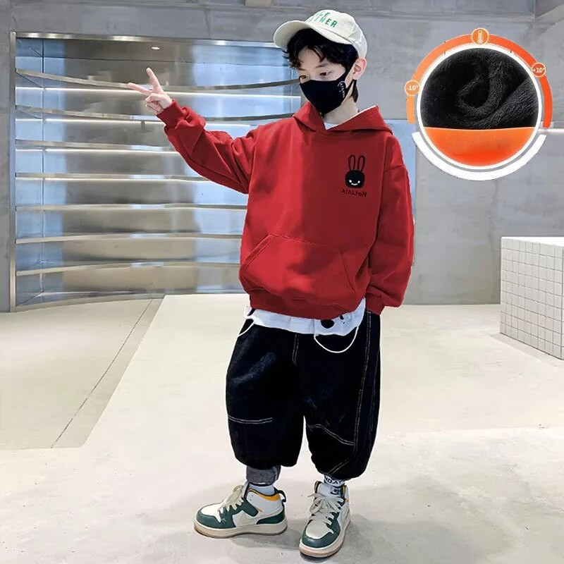 Berniukų vaikiškas pavasario ir rudens naujas laisvalaikio universalus megztinis kūdikiui, laisvas gobtuvas su pliušiniu ir pastorintu žieminiu drabužiu