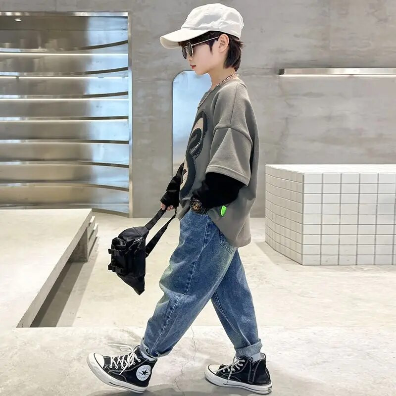 2023. aasta lasterõivad poiste pikkade varrukatega top võlts, kaks tükki, ülisuur multikas, kaelakevad, sügis, sügis 5–14-aastased