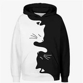 1.Black And White Cat 3D Print Baieți Pulover Casual Hanorac cu mânecă lungă cu glugă pentru primăvară toamnă, Hanorac pentru copii Topuri în aer liber