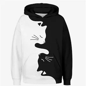 1. Fekete-fehér macska 3D nyomtatású fiúk alkalmi pulóveres kapucnis, hosszú ujjú pulóver tavaszi őszre, kapucnis felsők gyerekeknek kültéri használatra