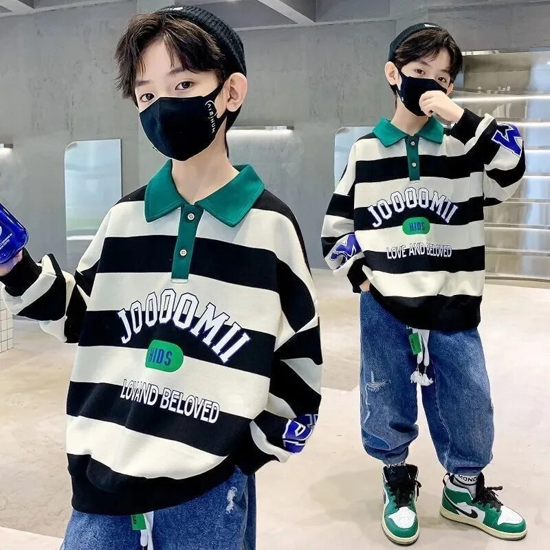 Pavasario rudens berniukų medvilniniai kontrastiniai dryžuoti abėcėlės megztiniai, mokykliniai megztiniai, džemperiai vaikams 7–16 m.