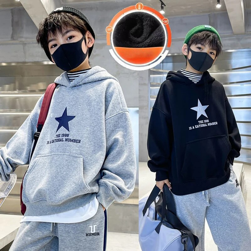 Vaikiški drabužiai berniukams žieminiai pliušiniai megztiniai su apvalia kakle nauji rudens ir žiemos drabužiai šilti ir stori gobtuvai big boy tendencia