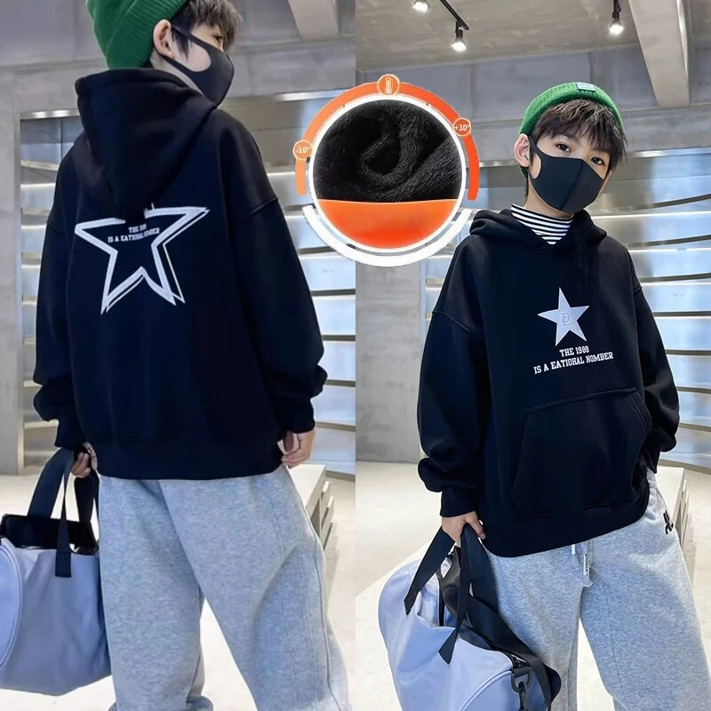 Vaikiški drabužiai berniukams žieminiai pliušiniai megztiniai su apvalia kakle nauji rudens ir žiemos drabužiai šilti ir stori gobtuvai big boy tendencia