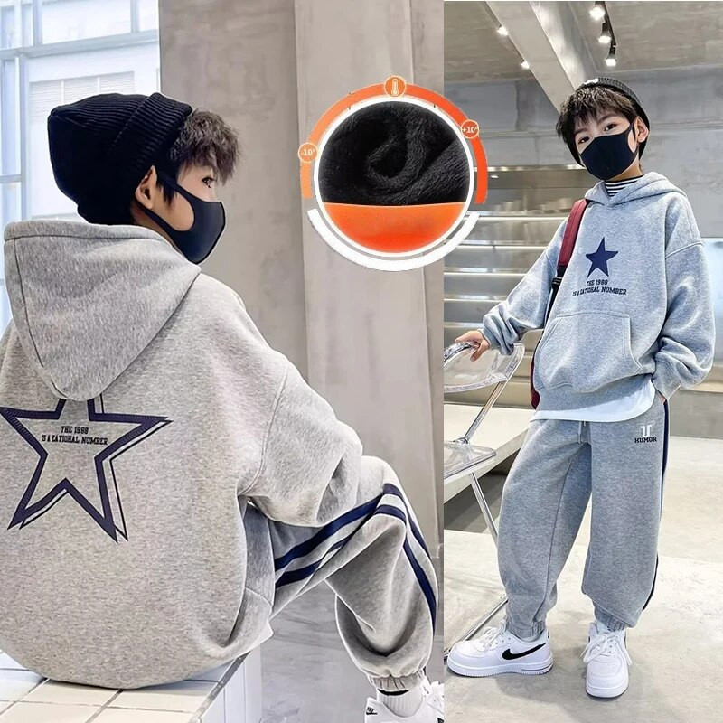 Vaikiški drabužiai berniukams žieminiai pliušiniai megztiniai su apvalia kakle nauji rudens ir žiemos drabužiai šilti ir stori gobtuvai big boy tendencia