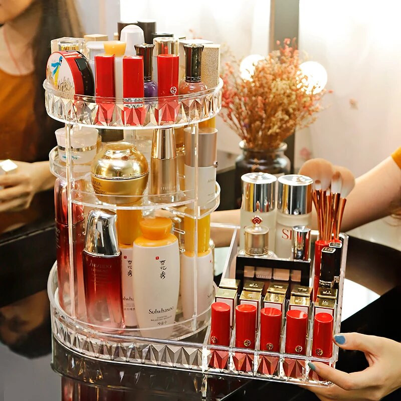 Make-up Organiser Box 360 kraadi pöörlev kosmeetikavahend, läbipaistev mood Spin, mitmefunktsiooniline eemaldatav tualettlaud