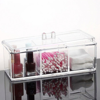 Поставка за памучни тампони Органайзер 3-решетъчни козметични подложки Кутия за съхранение с капак Акрилна поставка за четки за грим Дозатор Прозрачен памук