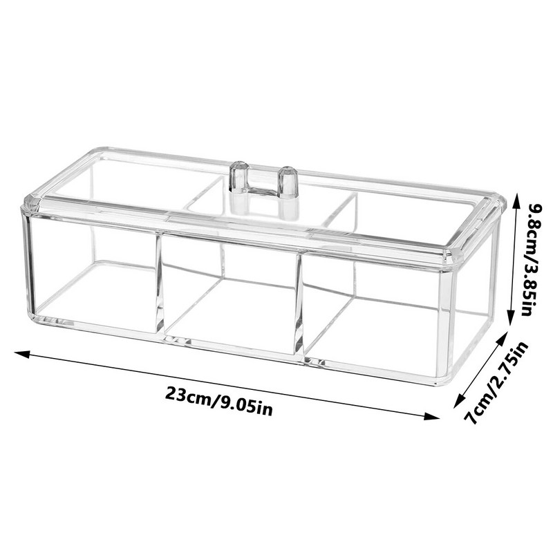 Medvilninių pagalvėlių laikiklio laikiklis 3 tinklelių kosmetikos pagalvėlių laikymo dėžutė su dangteliu Akrilo makiažo šepetėlių laikiklio dozatorius permatoma medvilnė