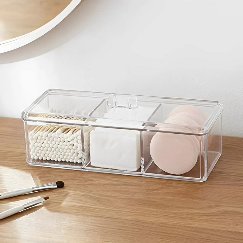 Medvilninių pagalvėlių laikiklio laikiklis 3 tinklelių kosmetikos pagalvėlių laikymo dėžutė su dangteliu Akrilo makiažo šepetėlių laikiklio dozatorius permatoma medvilnė