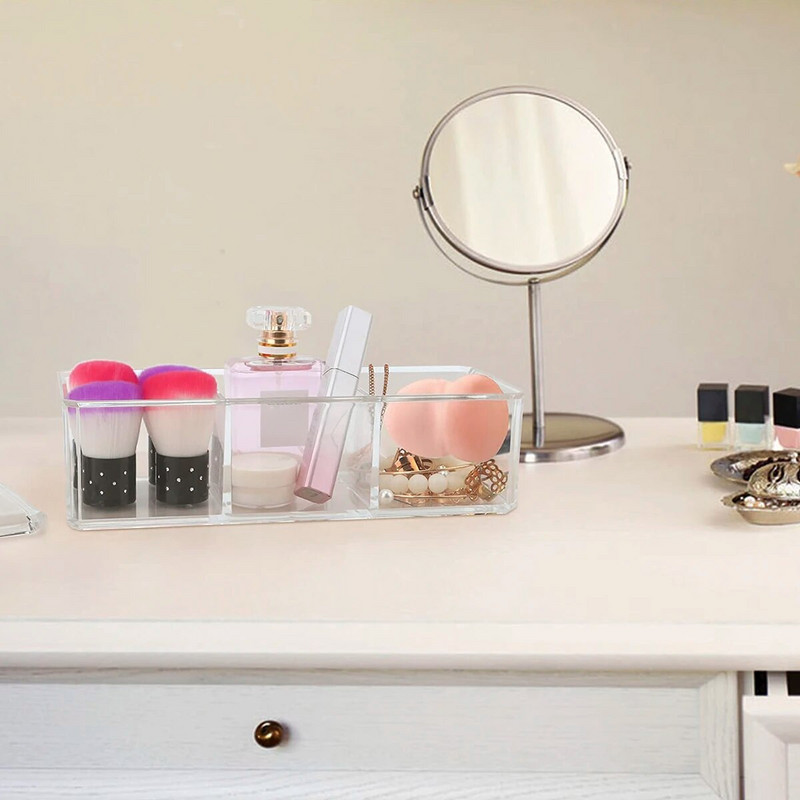 Medvilninių pagalvėlių laikiklio laikiklis 3 tinklelių kosmetikos pagalvėlių laikymo dėžutė su dangteliu Akrilo makiažo šepetėlių laikiklio dozatorius permatoma medvilnė