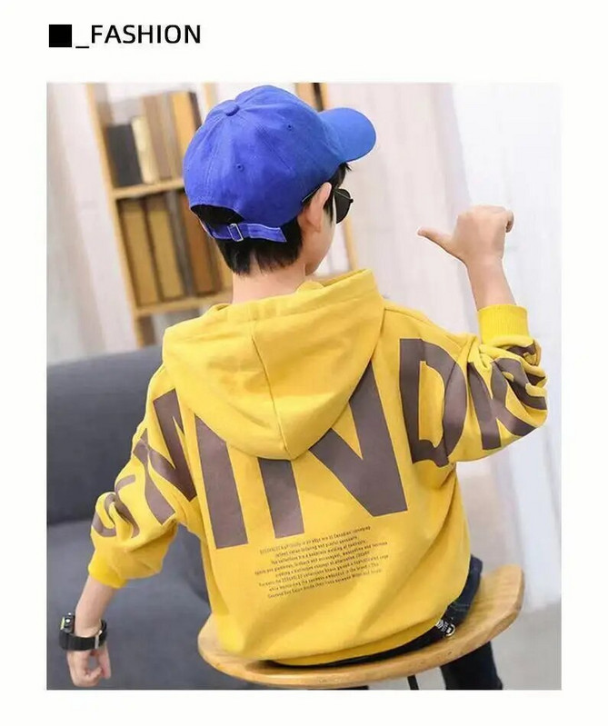 2023 m. pavasaris ir ruduo Naujas berniukų gobtuvas su gobtuvu, vaikiškas laisvas mados spausdintas abėcėlės sportinis berniukų 3–12 metų marškinėliai ilgomis rankovėmis