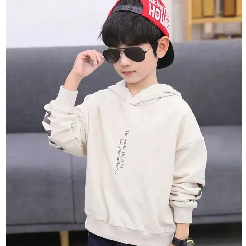 2023 m. pavasaris ir ruduo Naujas berniukų gobtuvas su gobtuvu, vaikiškas laisvas mados spausdintas abėcėlės sportinis berniukų 3–12 metų marškinėliai ilgomis rankovėmis