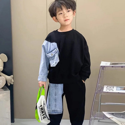 Poiste teksariidest dressipluus lastele õmmeldud varrukatega lahtised ülerõivad 2023 kevad-sügis Laste tänavastiil vabaaja kapuutsid Riided