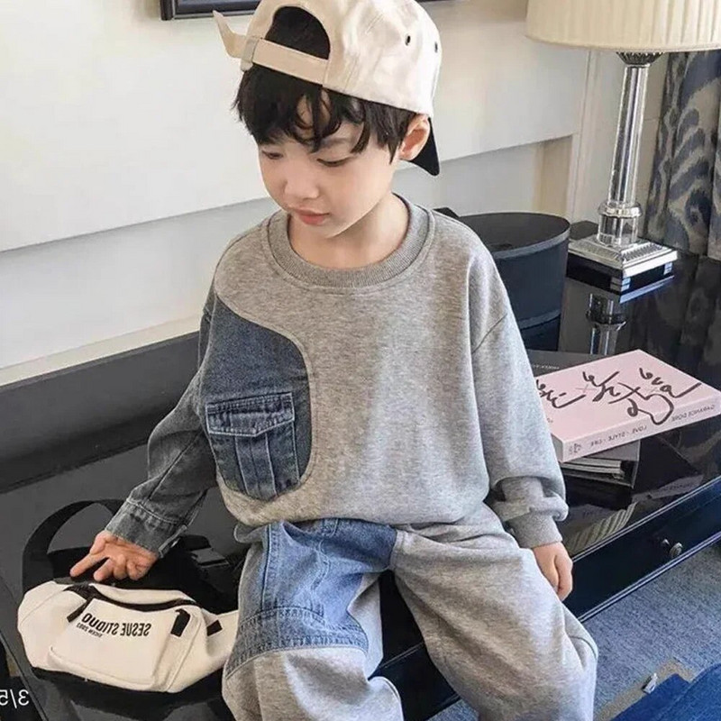 Poiste teksariidest dressipluus lastele õmmeldud varrukatega lahtised ülerõivad 2023 kevad-sügis Laste tänavastiil vabaaja kapuutsid Riided