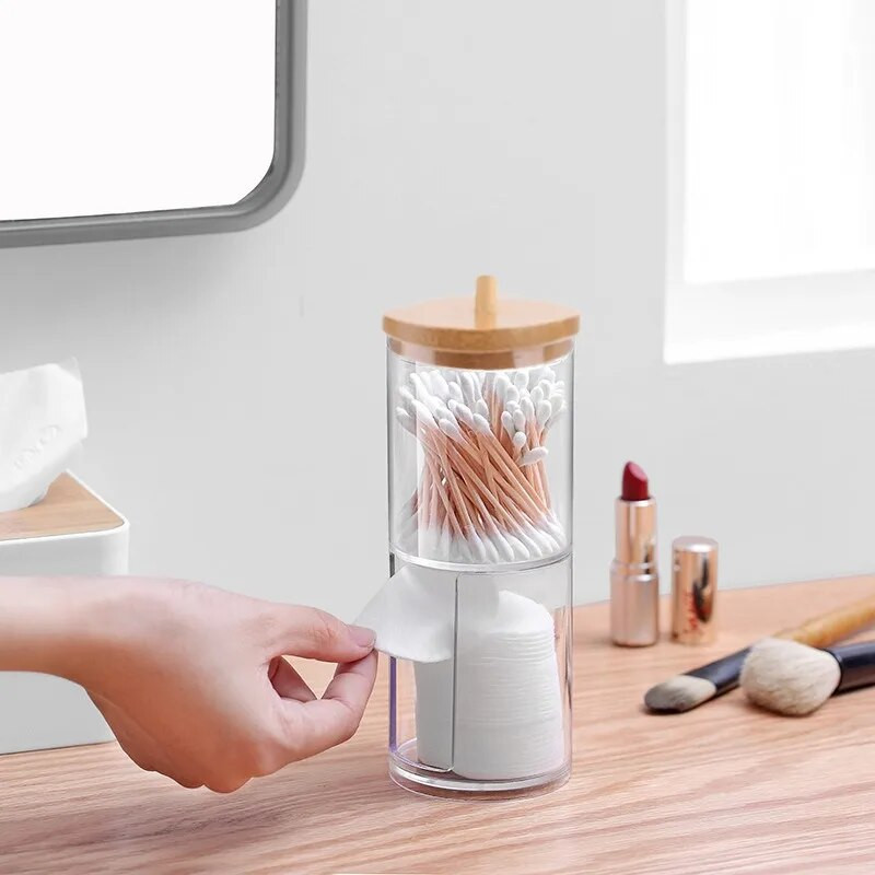 Meigi vatipadjakeste hoiukarp puuvillase tampooni jaoks Kosmeetikatoodete organiseerija ehete Vannitoa Qtip konteiner puidust kaanega