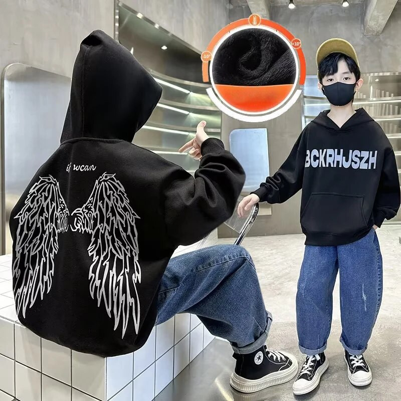 Crni dječji dječji proljetni i jesenski novi ležerni svestrani pulover za bebe široke majice s kapuljačom od pliša i zadebljanom zimskom odjećom