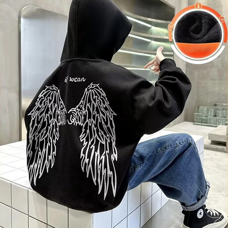 Crni dječji dječji proljetni i jesenski novi ležerni svestrani pulover za bebe široke majice s kapuljačom od pliša i zadebljanom zimskom odjećom