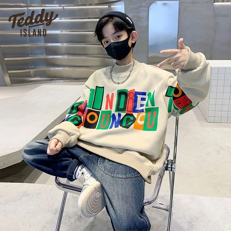 Vidutiniai dideli marškinėliai su gobtuvu, vilnoniu pamušalu ilgomis rankovėmis, vaikiški rudens ir žiemos drabužiai Vakarų berniukų marškinėliai