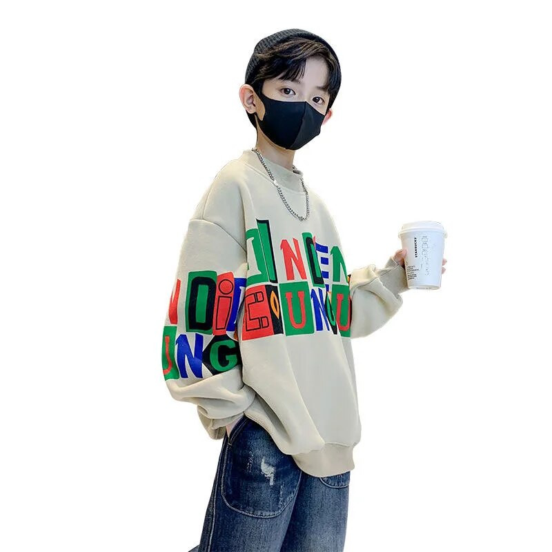 Vidutiniai dideli marškinėliai su gobtuvu, vilnoniu pamušalu ilgomis rankovėmis, vaikiški rudens ir žiemos drabužiai Vakarų berniukų marškinėliai