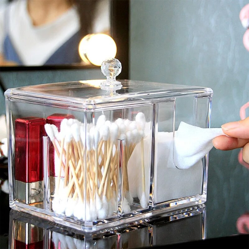 2 viename akrilo medvilninio tampono makiažo dėžutė, nešiojama skaidraus makiažo talpykla, medvilnės pagalvėlių laikiklis, kosmetikos laikymo dėžutė papuošalų laikiklis