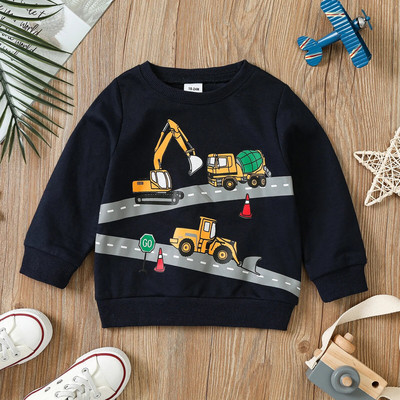 PatPat Pulover pentru copii, 100% bumbac, cu imprimeu pentru vehicule cu excavator