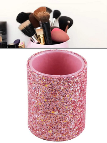 Θήκη για πινέλο μακιγιάζ αποθήκευσης καλλυντικών Μαύρο/ροζ στρογγυλό PU Glitter Pot Eyeliner Lipstick Brushes Organizer Καλάθι