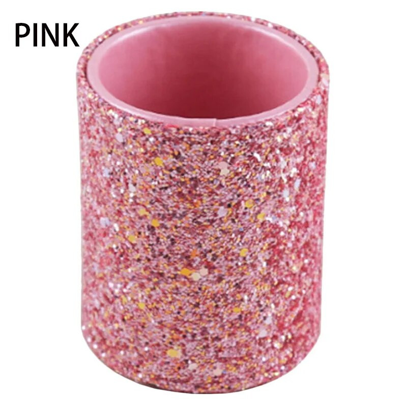 Θήκη για πινέλο μακιγιάζ αποθήκευσης καλλυντικών Μαύρο/ροζ στρογγυλό PU Glitter Pot Eyeliner Lipstick Brushes Organizer Καλάθι