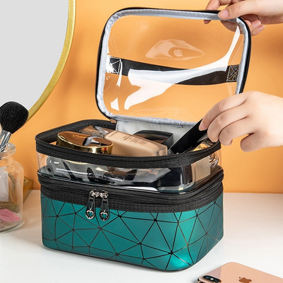 Többfunkciós utazó átlátszó sminktáska divatos gyémánt kozmetikai táska vízálló női sminktartók két cipzárral