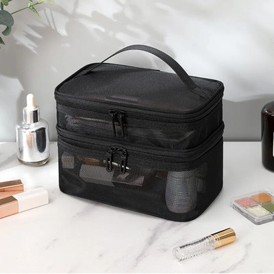 Kétrétegű hálós kozmetikai táska női hordozható smink tok nagy kapacitású utazócipzáras sminkrendező piperecikkek szépségtároló