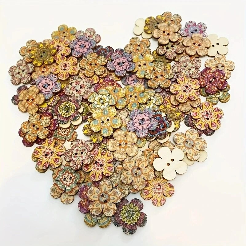 50 vnt./pak. Spalvotas piešinys retro gėlės medinės sagos „pasidaryk pats“ rankų darbo siuvimo dekoravimo sagos