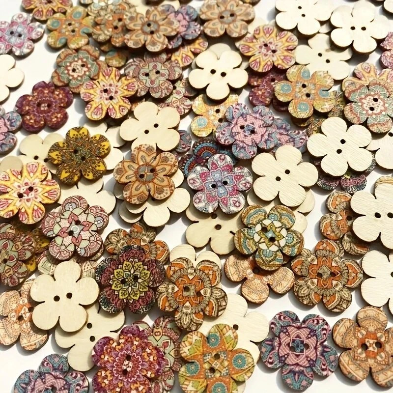 50 vnt./pak. Spalvotas piešinys retro gėlės medinės sagos „pasidaryk pats“ rankų darbo siuvimo dekoravimo sagos