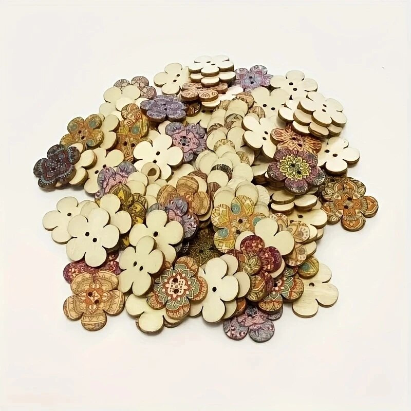 50 vnt./pak. Spalvotas piešinys retro gėlės medinės sagos „pasidaryk pats“ rankų darbo siuvimo dekoravimo sagos