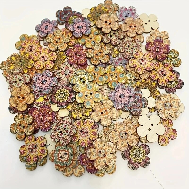 50 vnt./pak. Spalvotas piešinys retro gėlės medinės sagos „pasidaryk pats“ rankų darbo siuvimo dekoravimo sagos