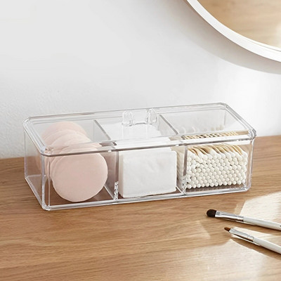 Cotton Pads Holder Organizer 3-Grid Cosmetic Pads Storage Box with Lid Acrylic Makeup Brush Holder Dispenser Transparent Cotton