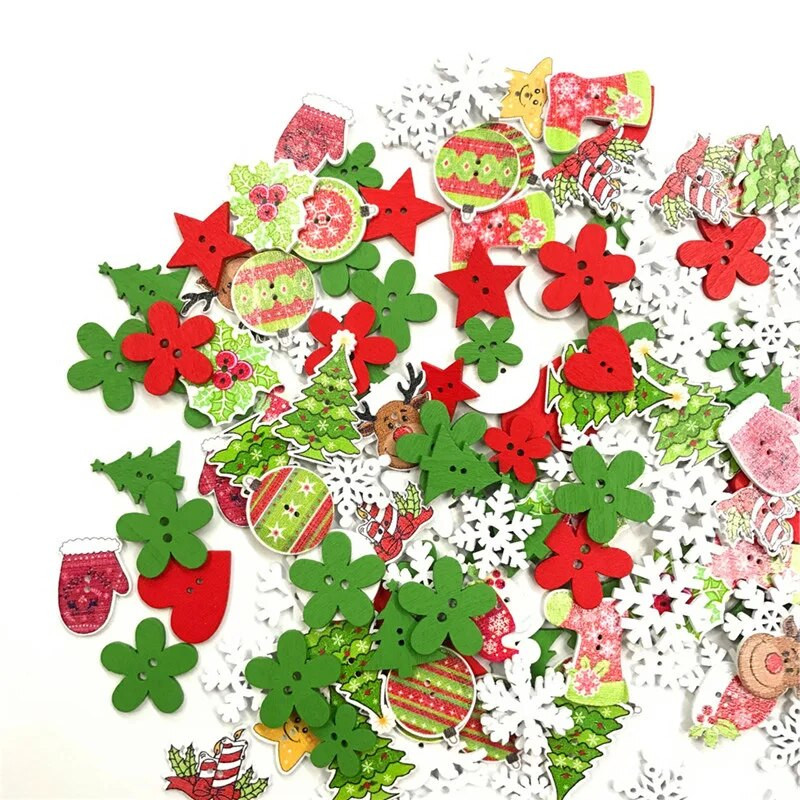 50 TK DIY 2 auguga puidust nööbid puidust jõuludekoratiivne multikas Käsitsi valmistatud scrapbooking käsitöötarvete jaoks Õmblustarvikud