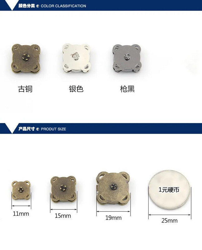 10 komplekti ruudukujulised magnetklambrid Klambrid Nupp Käekott Rahakott Rahakott Käsitöökotid Osad Aksessuaarid 11mm 15mm 19mm Vali värvid