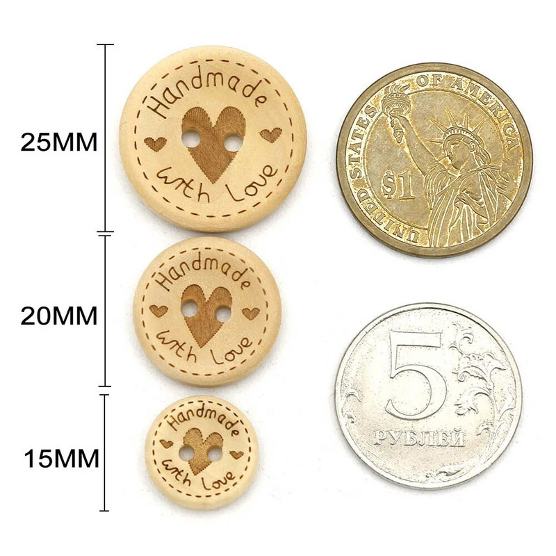 50 vnt. rankų darbo širdelės medžio sagos Natūralios spalvos rankų darbo dekoratyvinis mygtukas rūbams Siuvimo iškarpų dovanos 15 mm 20 mm 25 mm