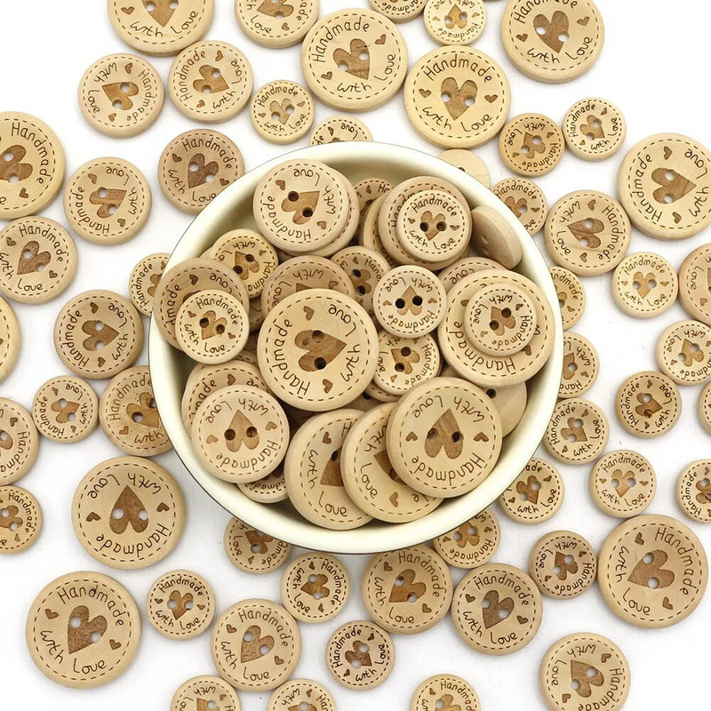 50 vnt. rankų darbo širdelės medžio sagos Natūralios spalvos rankų darbo dekoratyvinis mygtukas rūbams Siuvimo iškarpų dovanos 15 mm 20 mm 25 mm