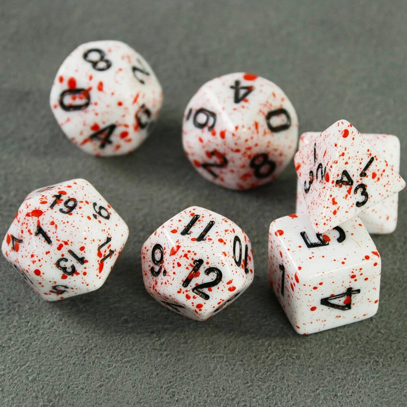 „Dormia“ kauliukų DND priedai, nepermatomi balti akriliniai daugiakampiai kauliukų rinkinys su specialiu kraujo efektu, skirtas stalo stalo vaidmenų žaidimui