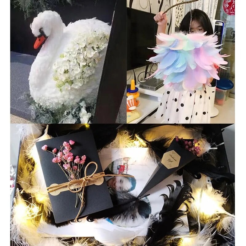 Spalvingos plunksnos 3–8 cm mažos plaukiojančios žąsų plunksnos Festivalio scenos dekoras „Pasidaryk pats“ rankų darbo papuošalai, drabužių priedai, reikmenys
