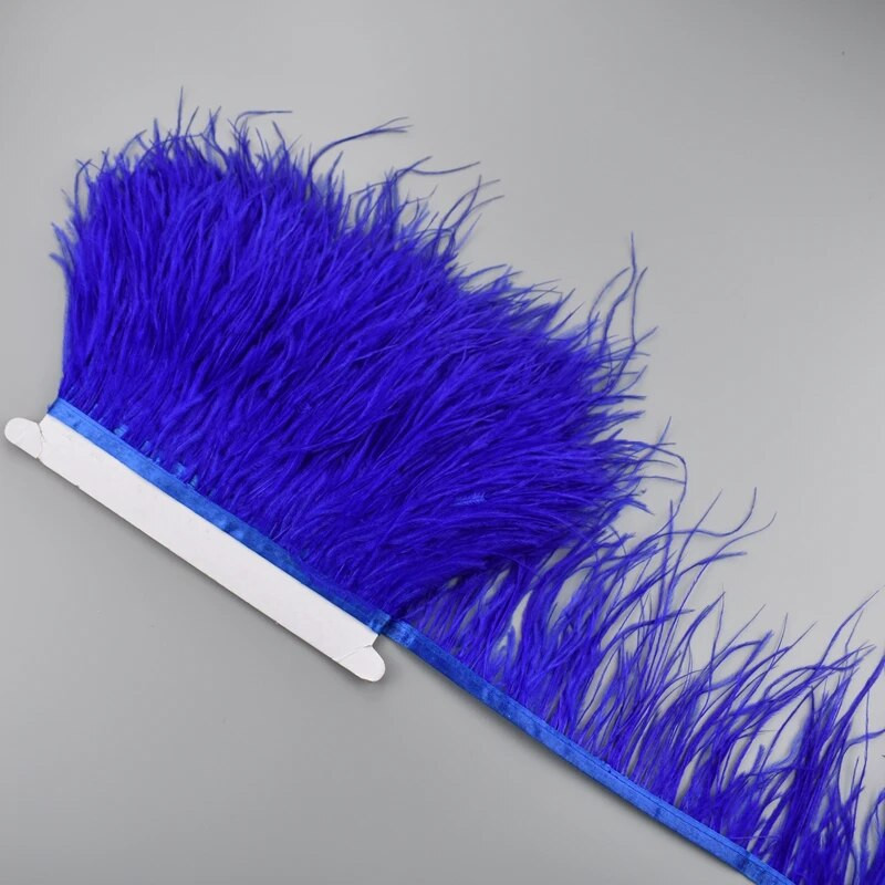 1-meetrine jaanalinnusuled lindil, ääreääristuslint 10-15 cm, 4-6" pikad valged sulgede kaunistused rõivaste kaunistamiseks.