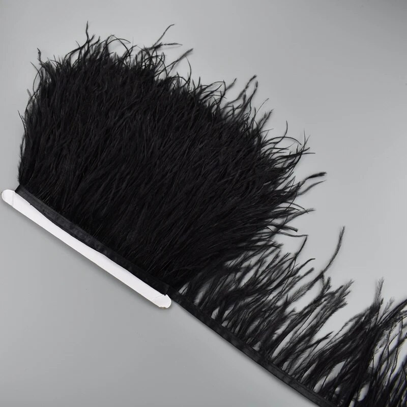 1-meetrine jaanalinnusuled lindil, ääreääristuslint 10-15 cm, 4-6" pikad valged sulgede kaunistused rõivaste kaunistamiseks.