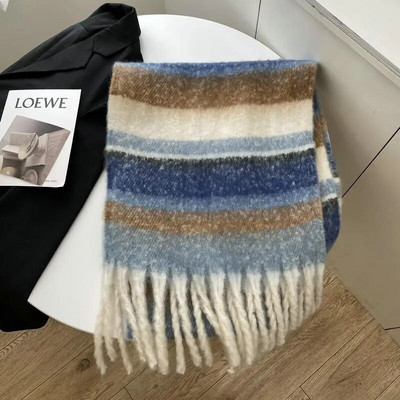 Eșarfă de cașmir pentru femei, iarnă, căldură, dungi șal, lux lung, îngroșat, mohair, curcubeu, eșarfe, ciucuri contrastante, înveliș de modă