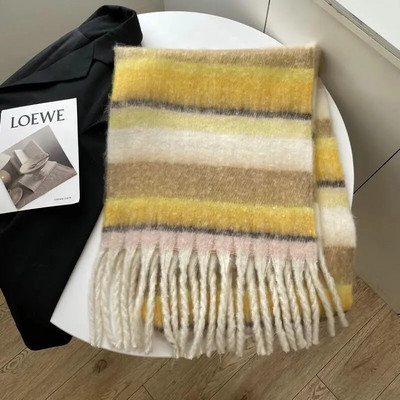 Eșarfă de cașmir pentru femei, iarnă, căldură, dungi șal, lux lung, îngroșat, mohair, curcubeu, eșarfe, ciucuri contrastante, înveliș de modă