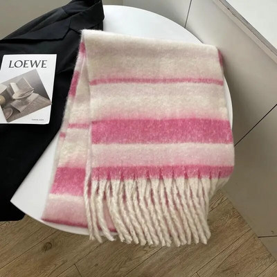 Eșarfă de cașmir pentru femei, iarnă, căldură, dungi șal, lux lung, îngroșat, mohair, curcubeu, eșarfe, ciucuri contrastante, înveliș de modă