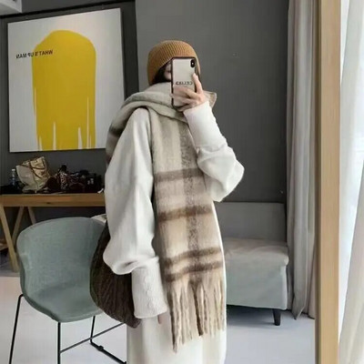 Eșarfă de cașmir pentru femei, iarnă, căldură, dungi șal, lux lung, îngroșat, mohair, curcubeu, eșarfe, ciucuri contrastante, înveliș de modă
